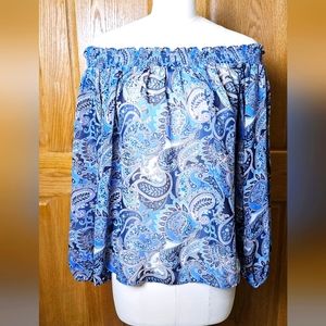 Jeans By Buffalo, Willow Paisley Dream sheer top, off-shoulder. Woman's Large